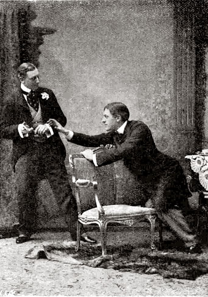 An 1895 production photograph of Allan Aynesworth as Algernon and George Alexander as Jack from The Importance of Being Earnest.