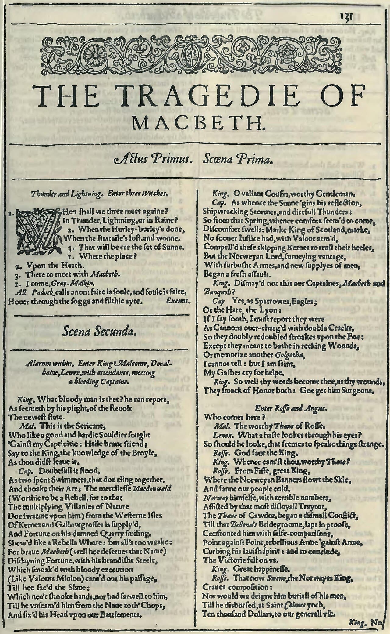 The opening page of Macbeth in Shakespeare's First Folio.